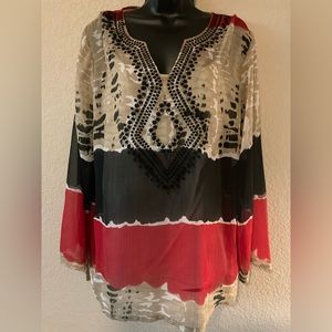 Macy’s Style & Co Womens Two Piece Long Sleeve Black, Red, and Beige Blouse